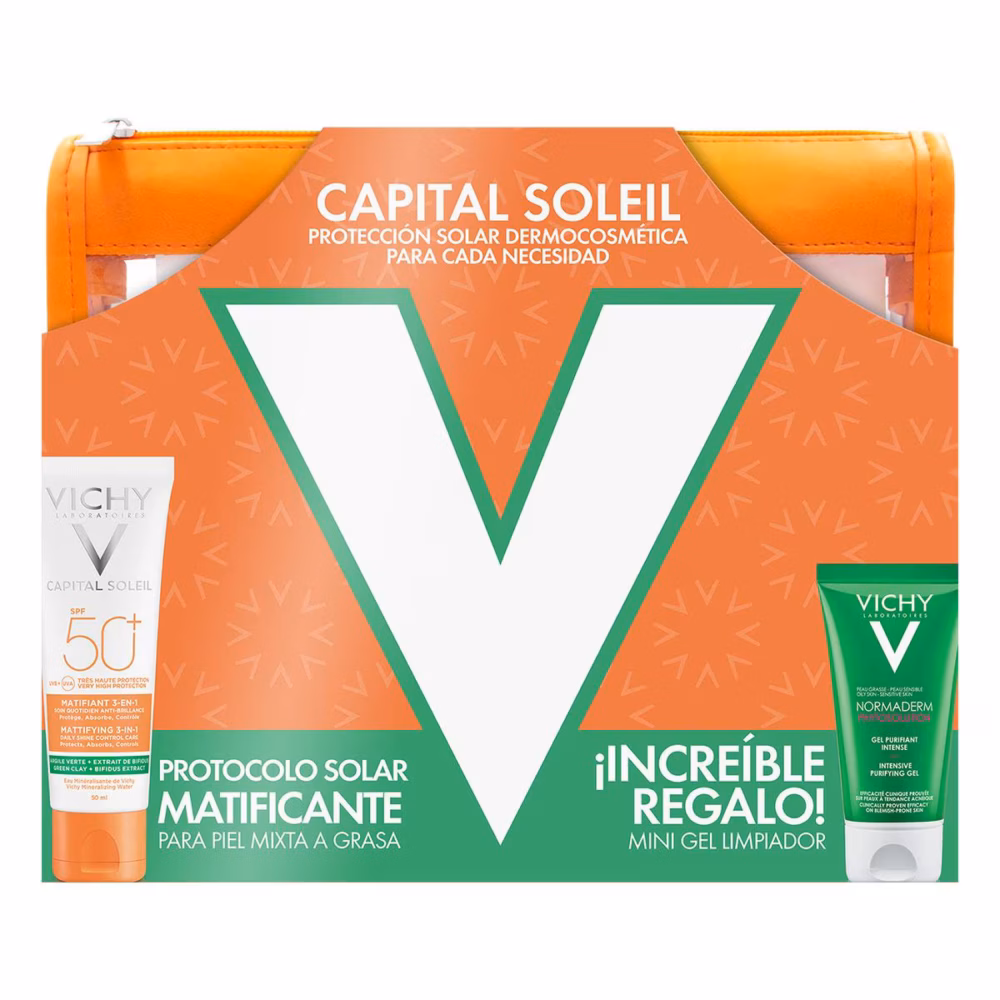 KIT PROTECTOR SOLAR MATIFICANTE 50ML+GEL LIMPIADOR 50ML+COSMETIQUERA